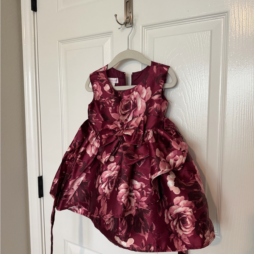 Bonnie Jean Burgundy Floral Bow-Accent Party Dress